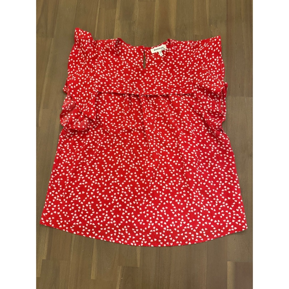 Monteau Red White Heart Print Ruffle Sleeve Keyhole‎ Neck Blouse Top Women's L